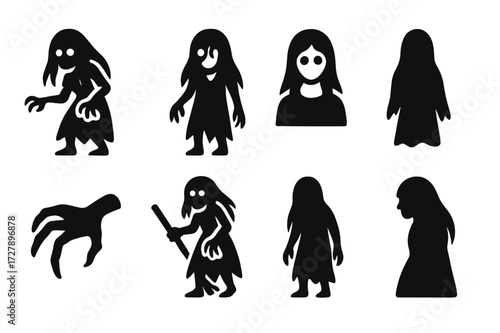 Kikimora Icon Set. Solid, filled icon set of kikimora mythical features: female spirit, ragged dress, long hair, barefoot, eerie eyes, twisted hands,