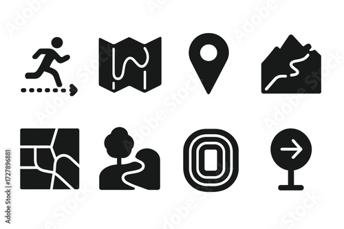 Running Route Icons. Solid, filled icon set of running routes and maps: running path, trail map, GPS pin, mountain trail, city street, park route, track lanes,