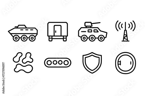 Infantry Vehicle Icons. Outline icon set of infantry vehicle: armored personnel carrier, troop transport, mounted machine gun, communication antenna,