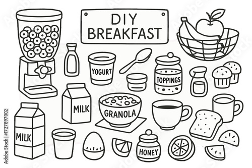DIY Breakfast Doodle. Hand-drawn doodle illustration DIY breakfast station cereal dispenser, milk carton, fruit basket, yogurt cup, granola bowl, spoon,