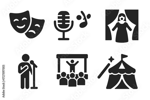 Stage Performance Icons. Solid, filled icon set of stage performance genres: theater, musical, ballet, opera, stand-up comedy, concert, magic show, circus.