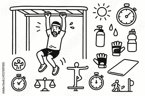 Outdoor Calisthenics Icons. Hand-drawn doodle illustration [monkey bars exercise for adults] [monkey bars, man swinging, calisthenics pose, pull-up grip, core