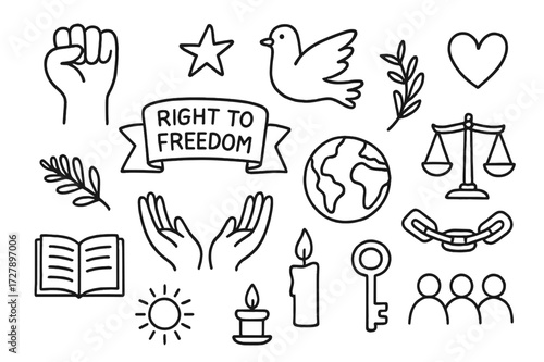 Symbols of Freedom. Hand-drawn doodle illustration right to freedom raised fist, dove, olive branch, heart, star, globe, open hands, banner, scales, candle,