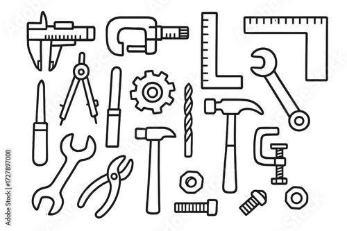 Precision Tools Doodle. Hand-drawn doodle illustration precision tools caliper, micrometer, ruler, square, compass, gear, drill bit, file, chisel, hammer,