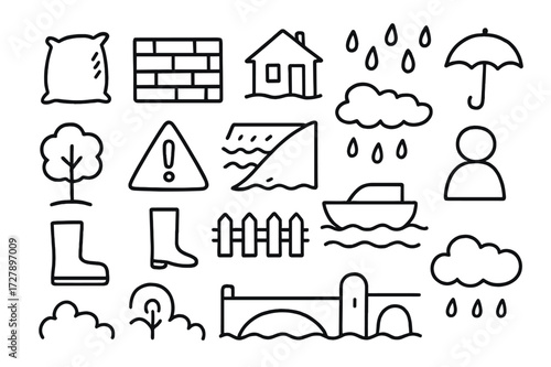 Flood Protection Doodles. Hand-drawn doodle illustration Flood protection sandbag, wall, levee, house, tree, warning sign, raindrop, umbrella, boot, person