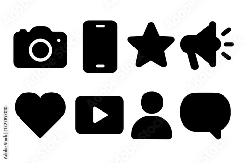 Influencer Marketing Icons. Solid, filled icon set of influencer marketing: camera, smartphone, star, megaphone, heart, video play, user, chat bubble. [Line