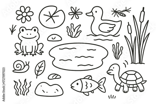 Pond Ecosystem Doodle. Hand-drawn doodle illustration [Pond ecosystem life] [frog, duck, fish, lily pad, turtle, reeds, snail, dragonfly, water ripple, rock,
