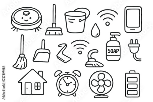 Smart Cleaning Doodle. Hand-drawn doodle illustration smart cleaning devices robot vacuum, mop, bucket, broom, dustpan, wifi symbol, smartphone, tablet,