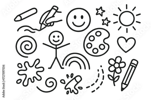 Whimsical Doodle Illustrations. Hand-drawn doodle illustration Artistic expression for kids [chalk piece, drawing hand, smiley face, palette, doodle spiral,