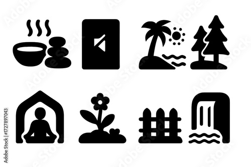 Relief Environments Icons. Solid, filled icon set of relief environments: spa, quiet room, nature park, beach, forest, meditation room, garden, waterfall.