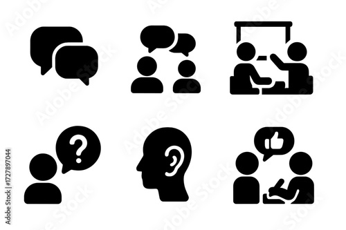 Negotiation Icons Grid. Solid, filled icon set of negotiation communication: speech bubble, dialogue, presentation, argument, question, listening, note-taking,