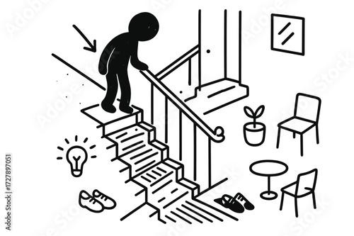 Silhouette at Staircase. Hand-drawn doodle illustration Person Looking Down Stairs [person silhouette, staircase, railing, steps, downward arrow, carpet