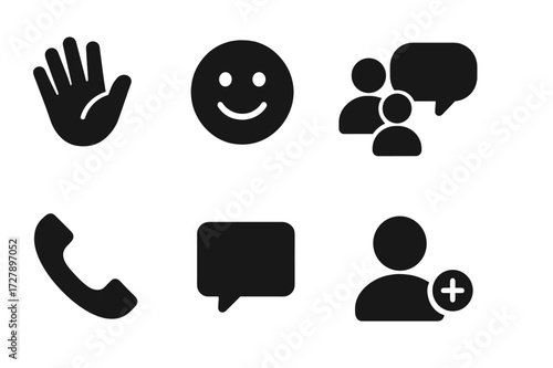 Social Interaction Icons. Solid, filled icon set of social introductions: waving hand, smiley face, group of people, conversation bubbles, phone call, video