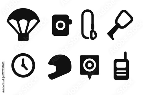Parachute Safety Icons. Solid, filled icon set of parachute safety features: reserve chute, automatic activation device, safety line, cutaway handle,