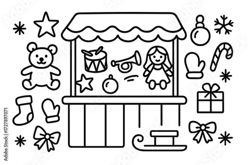 Winter Toy Stall Illustration. Hand-drawn doodle illustration Winter toy stall teddy bear, drum, trumpet, doll, star, ornament, ball, stocking, mitten,