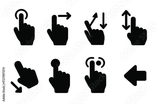 Mobile Interaction Icons. Solid, filled icon set of mobile app interactions: tap, swipe, pinch, scroll, drag, long press, double tap, back button. Solid,