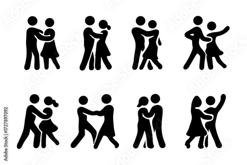 Social Dance Icons. Solid, filled icon set of social dance styles: salsa, bachata, tango, cha-cha, waltz, swing, kizomba, merengue. Solid, filled icons in only