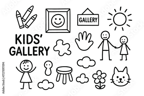 Children's Art Gallery. Hand-drawn doodle illustration children?s gallery crayons, colorful frame, smiley face, stick figure art, sun drawing, gallery sign,