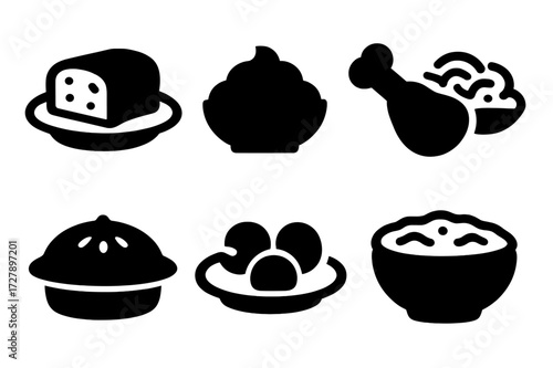 Comfort Food Icons. Solid, filled icon set of comfort food main dishes: meatloaf, mashed potatoes, fried chicken, macaroni and cheese, pot pie, meatball plate,