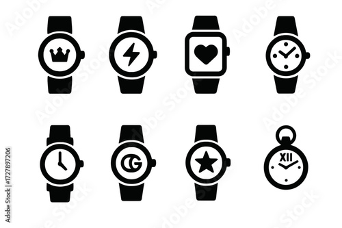 Watch Icon Grid. Solid, filled icon set of watch brands: luxury watch, sport watch, smart watch, fashion watch, classic watch, designer watch, limited edition,