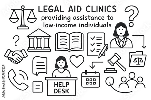 Legal Aid Doodle. Hand-drawn doodle illustration Legal aid clinics providing assistance to low-income individuals [scales of justice, courthouse, handshake,