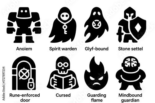 Guardians Icon Set. Solid, filled icon set of dangerous knowledge guardians: ancient golem, spirit warden, glyph-bound specter, stone sentinel, rune-enforced