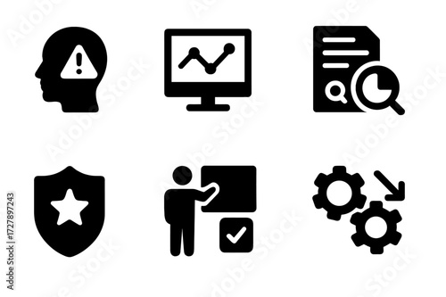 Compliance Icons Grid. Solid, filled icon set of compliance actions: risk assessment, monitoring, reporting, investigation, enforcement, training,