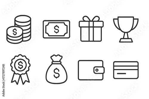 Cash Reward Icons. Outline icon set of cash reward: stack of coins, cash bills, gift box, trophy, prize ribbon, money sack, wallet, credit card. Line icons in