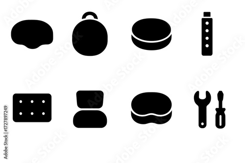 Drum Throne Essentials. Solid, filled icon set of drum throne accessories: seat cover, carrying case, replacement cushion, height extender, non-slip mat,