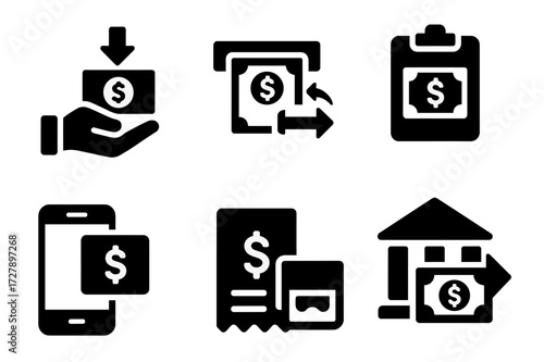 Banking Transactions Icons. Solid, filled icon set of banking transactions: deposit, withdrawal, transfer, balance check, mobile payment, receipt, money