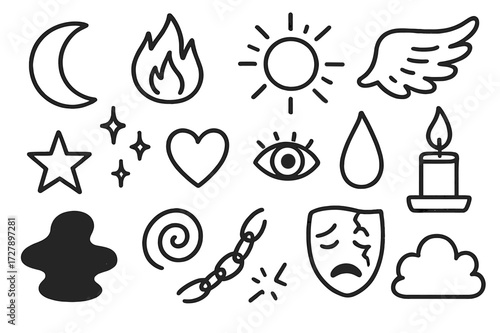 Moon, Sun, and Elements. Hand-drawn doodle illustration Darkness and light moon, sun, flame, wings, star, spark, heart, tear drop, swirl, eye, candle, shadow,