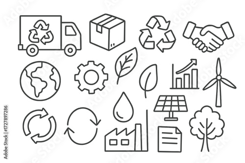 Green Supply Chain Icons. Hand-drawn doodle illustration Green supply chain delivery truck, box, recycling symbol, leaf, handshake, globe, gear, bar chart,