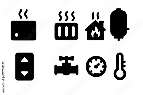 Steam Room Device Icons. Solid, filled icon set of steam room heating devices: steam generator, electric heater, wood stove, boiler, thermostat, steam valve,