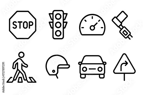 Traffic Rules Icons. Outline icon set of traffic rules: stop sign, traffic light, speedometer, seatbelt, pedestrian crossing, helmet, car, road sign. Line