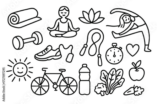 Wellness Lifestyle Doodles. Hand-drawn doodle illustration wellness lifestyle yoga mat, lotus pose, meditation, dumbbell, running shoe, jump rope, stopwatch,