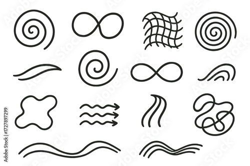 Abstract Flow Patterns. Hand-drawn doodle illustration Abstract Flow Patterns [spiral, loop, curved grid, ripple circles, swoosh, swirl, infinity, maze-like