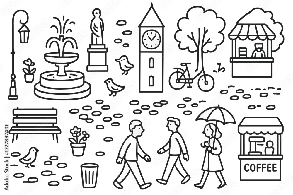 Obraz premium Town Square Sketch. Hand-drawn doodle illustration Town square fountain, bench, streetlamp, flower pot, clock tower, pigeons, cobblestone, statue, kiosk,