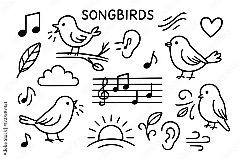 Obraz premium Songbird Doodle Icons. Hand-drawn doodle illustration [Songbirds] [musical note, beak open, tree branch, chirping lines, feather, cloud, music staff, sunrise,