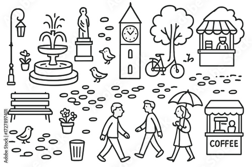 Town Square Sketch. Hand-drawn doodle illustration Town square fountain, bench, streetlamp, flower pot, clock tower, pigeons, cobblestone, statue, kiosk,