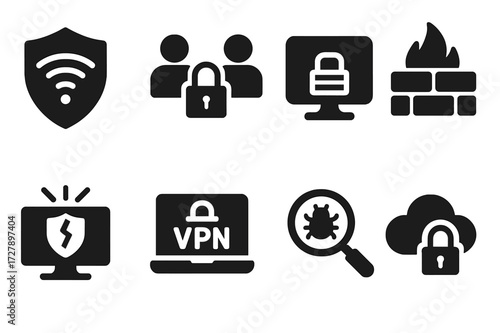 Network Security Icons. Solid, filled icon set of network security: Wi-Fi shield, secure connection, data encryption, network firewall, intrusion detection,