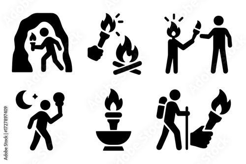 Torch Use Icon Set. Solid, filled icon set of torch uses: cave exploration, campfire lighting, emergency signal, torch relay, night walking, ritual lighting,