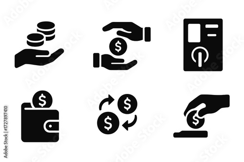 Coin Transaction Icons. Solid, filled icon set of coin transactions: payment with coins, coin handoff, coin slot, vending machine coin, coin wallet, coin