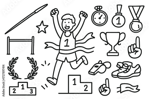 Track and Field Icons. Hand-drawn doodle illustration Track and field victory runner figure, javelin, high jump bar, stopwatch, medal, trophy, flag, ribbon,