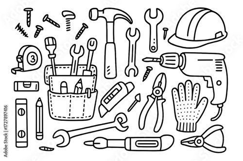 Builder's Tool Belt. Hand-drawn doodle illustration builder?s tool belt hammer, spanner, screwdriver, nails, screws, tape measure, level, wrench, gloves,