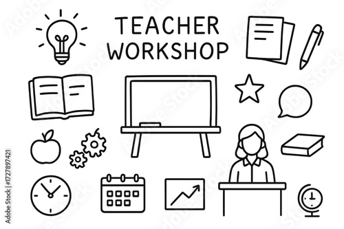 Teacher Workshop Icons. Hand-drawn doodle illustration teacher workshop ideas light bulb, notebook, paper sheets, pen, chalkboard, apple, star, gears, speech
