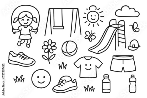 Playground Doodle Fun. Hand-drawn doodle illustration Playground jump rope fun jump rope, swing, slide, sneakers, sun, cloud, flower, butterfly, ball, grass,