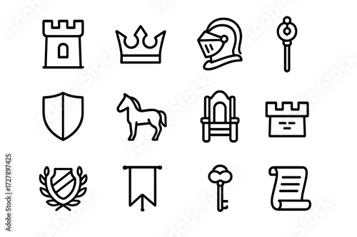 Noble Authority Icons. Noble authority. Line icon set of noble authority: castle tower, crown, knight helmet, scepter, shield, horse, throne, fortified wall,