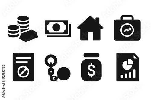 Net Worth Icons. Solid, filled icon set of net worth components: assets pile, cash stack, property house, investment portfolio, liabilities document, debt