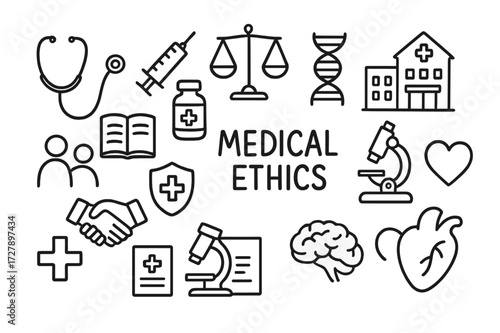 Medical Ethics Icons. Hand-drawn doodle illustration Medical ethics stethoscope, syringe, pill bottle, DNA, balance scale, book, hospital building, people