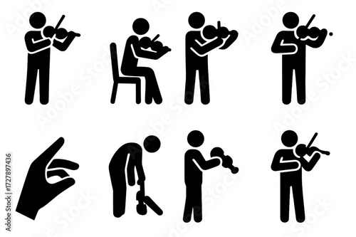 Violinist Icons Set. Solid, filled icon set of violinist poses: standing violinist, seated violinist, tuning violin, bowing, pizzicato hand, stage bow,